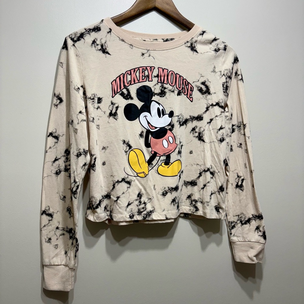 Disney Mickey Mouse Tie Dye Cropped Long Sleeve Top Tan Black Women’s M